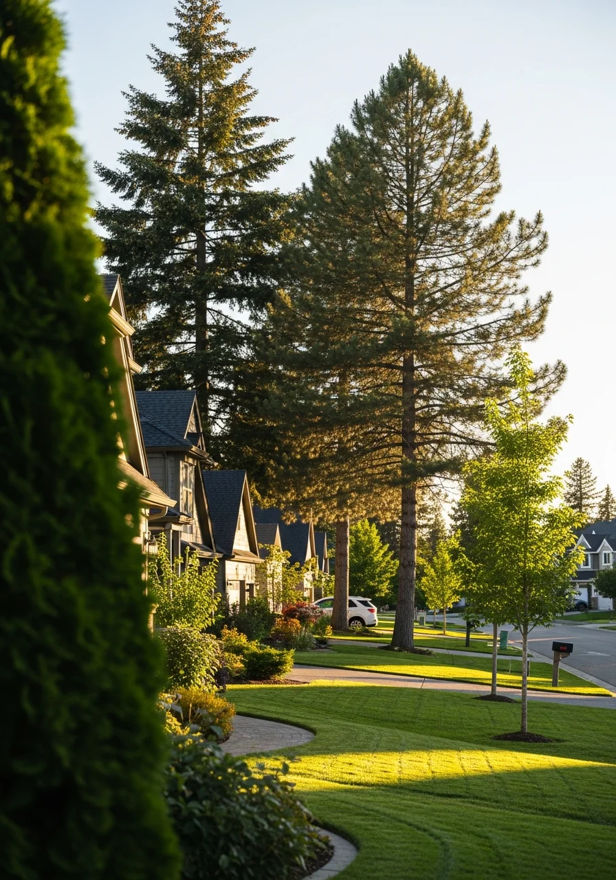 Family-friendly Spokane Valley neighborhood street with newer homes and green spaces.