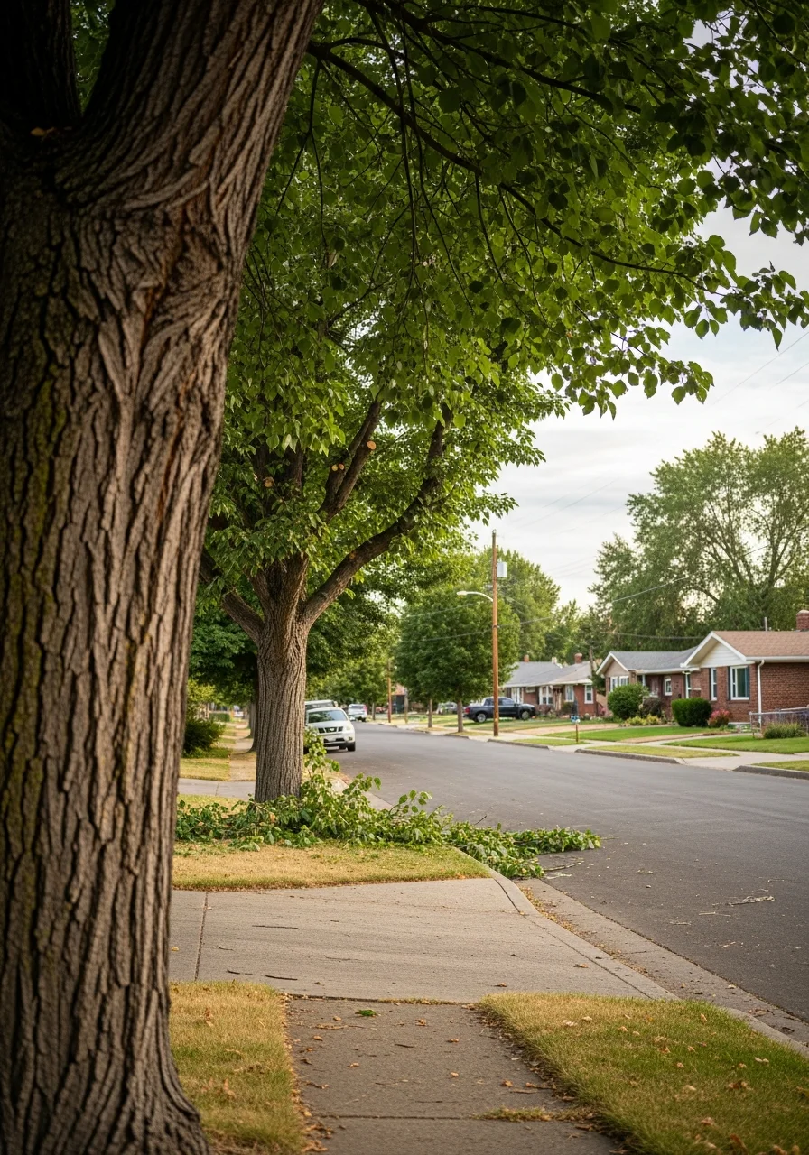 Residential street in a Spokane neighborhood with tree-lined sidewalks and well-maintained homes.